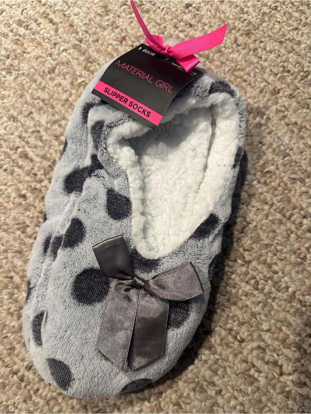 Material Girl Gray Polka Dot Plush Slipper Socks with Bow